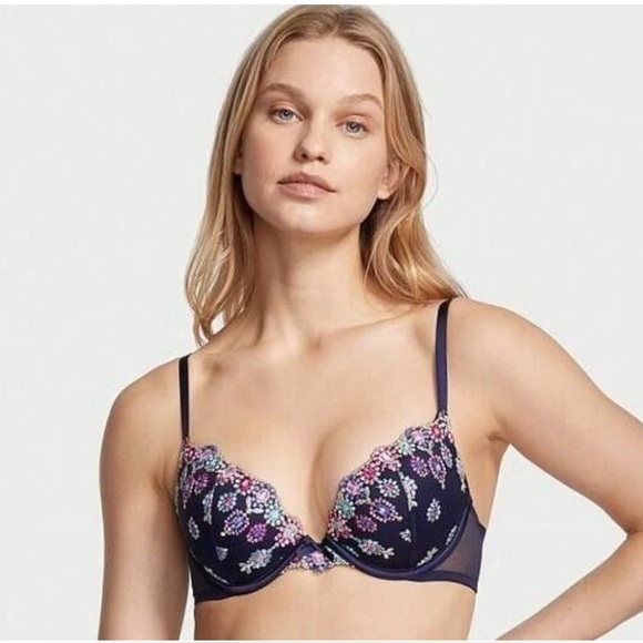 VICTORIA'S SECRET DREAM ANGELS Push-Up Bra Noir Navy Embroidery VS - Picture 1 of 9